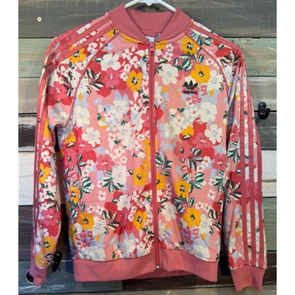Adidas Girls Pink Floral Zip Track Jacket M (11-12) USED